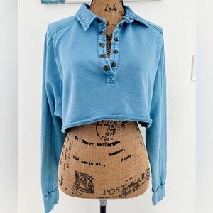 FP Movement by Free People Washed Light Blue Cropped Button-Up Pullover